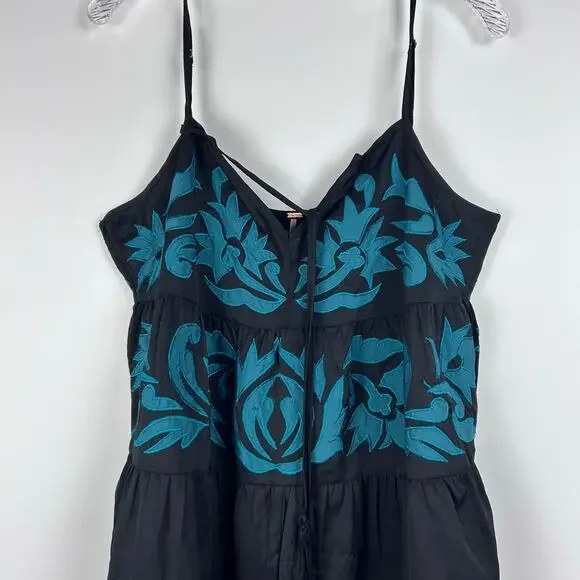 Free People Everblue Romper Black Blue Adjustable Straps Embroidery Womens Sz L - Picture 4 of 11